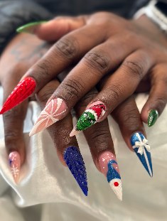 Christmas red, green and royal blue stiletto nails