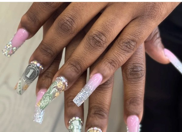 Pink coffin nails with hearts and drip art