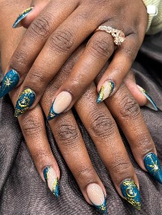 Teal and gold sculpted almond nails