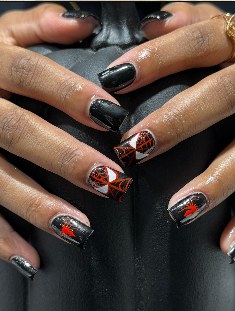 Black coffin nails with autumn leaves art