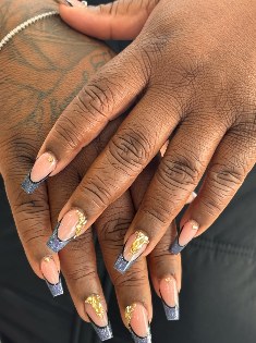 Gold glitter French coffin nails