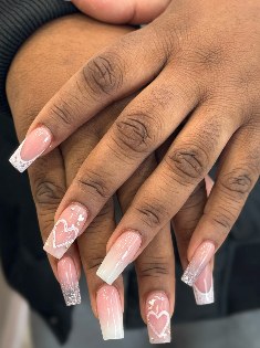 Pink ombré coffin nails with white hearts