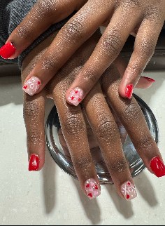 Red square nails with white hearts and XO art