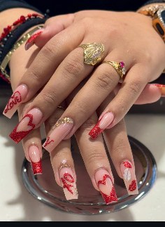 Valentine's pink French nails with red love art